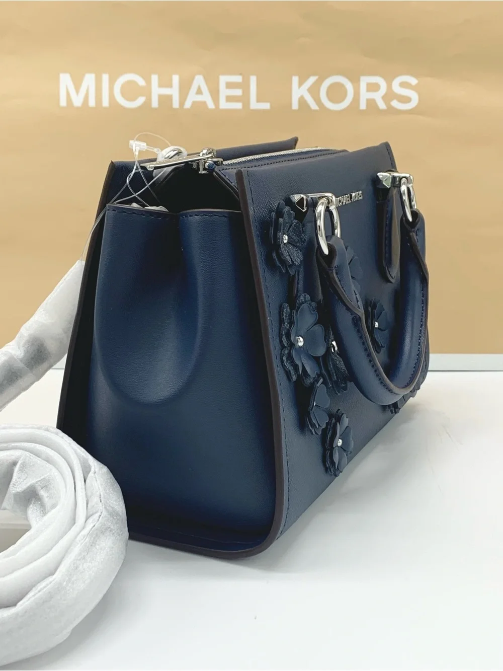 Michael Kors Marilyn Navy Floral Applique Satchel - Picture 5 of 15